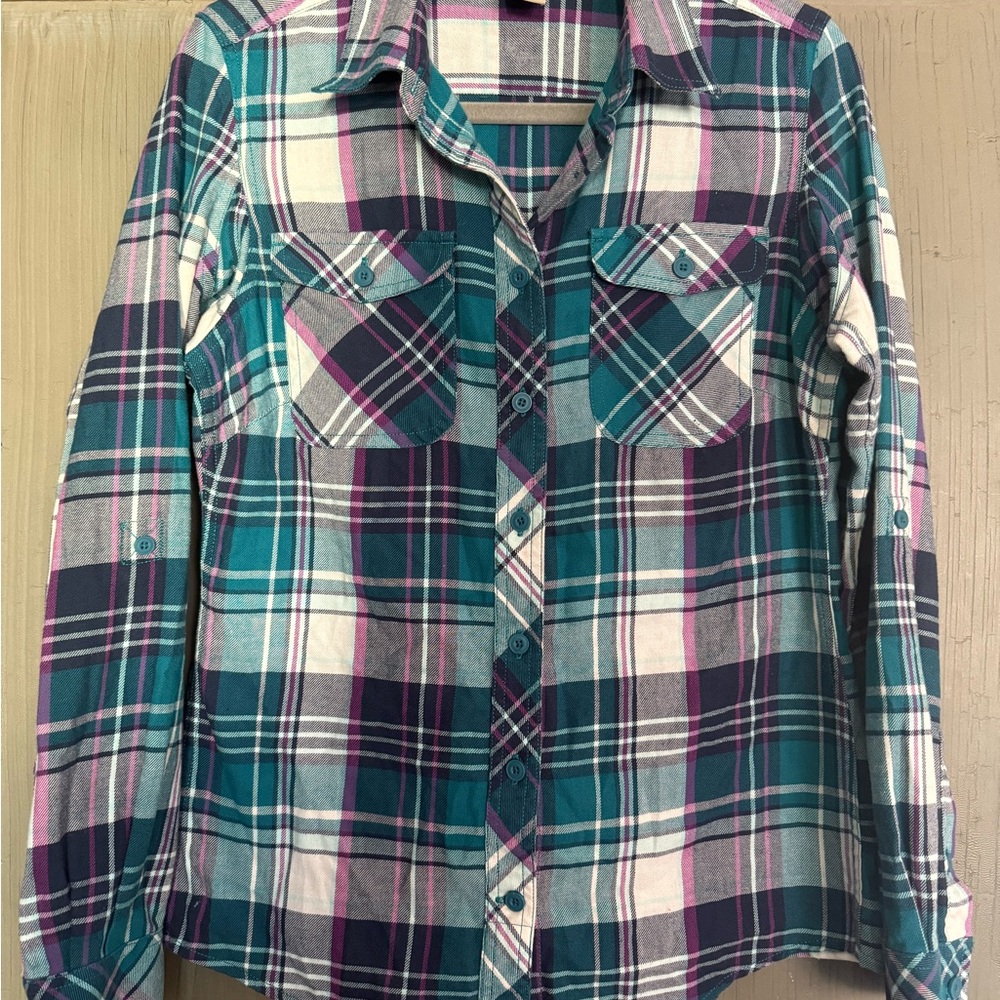 Duluth Trading Co. Teal Purple Plaid Button Up Cotton Blend Women's Sz XS
